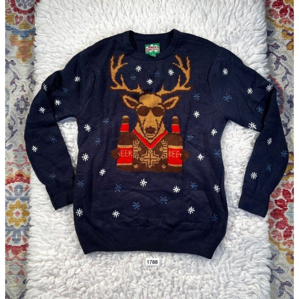 Christmas Party Sweater Mens Blue Med Deer with Beer Sunglasses Long Sleeve